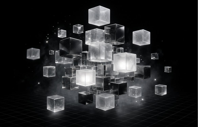 Grand Dimension About Visual — Floating luminous frosted glass cubes on perspective grid