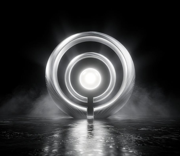 Grand Dimension Hero Visual — Concentric glowing rings over dark reflective water